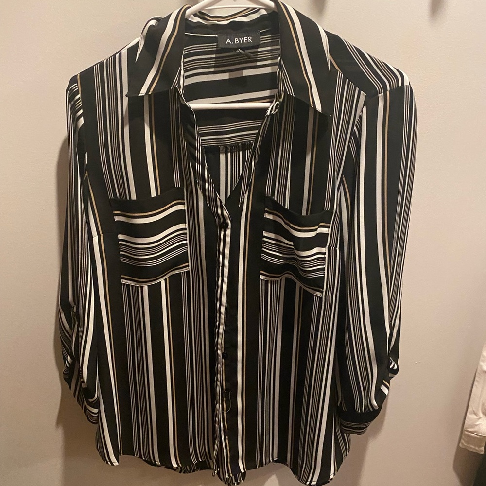 A Byer black stripe button down blouse, size L